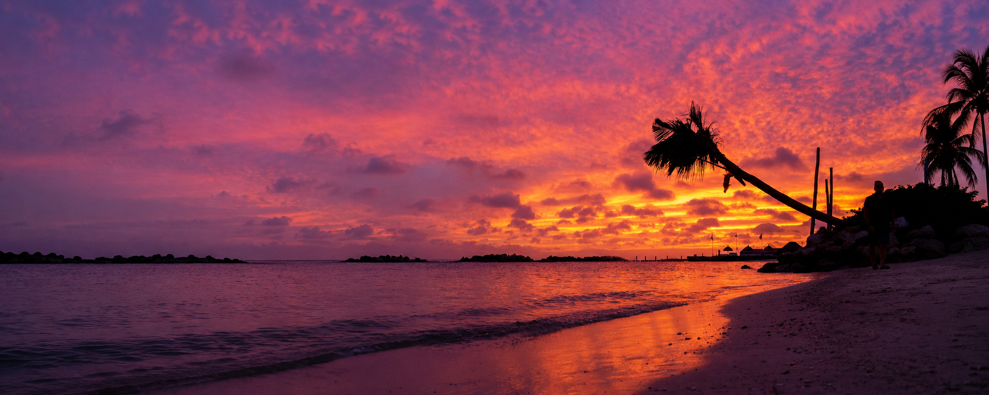 Vibrant Caribbean sunset over a quiet beach with silhouetted palms